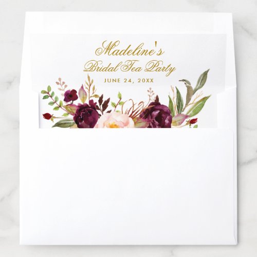 Burgundy Floral Bridal Shower Tea Party Gold Envelope Liner
