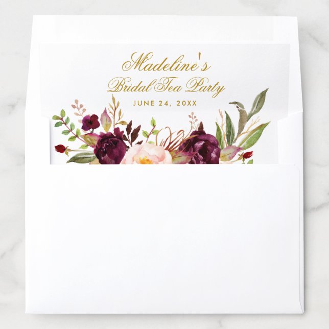 Burgundy Floral Bridal Shower Tea Party Gold Envelope Liner (In Envelope)