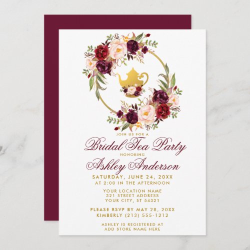 Burgundy Floral Bridal Shower Tea Party Invite B