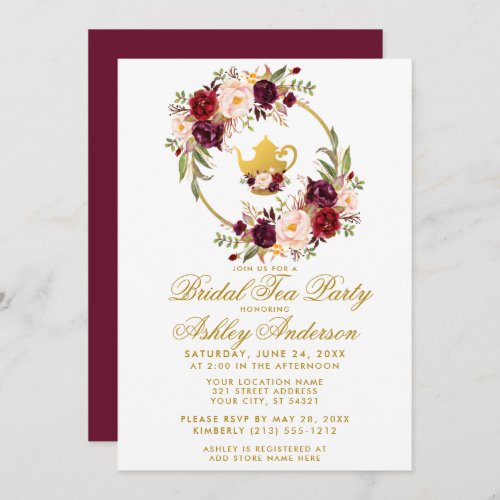 Burgundy Floral Bridal Shower Tea Party Invite GB