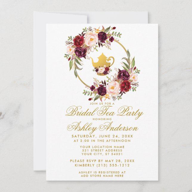 Burgundy Floral Bridal Shower Tea Party Invite WG (Front)