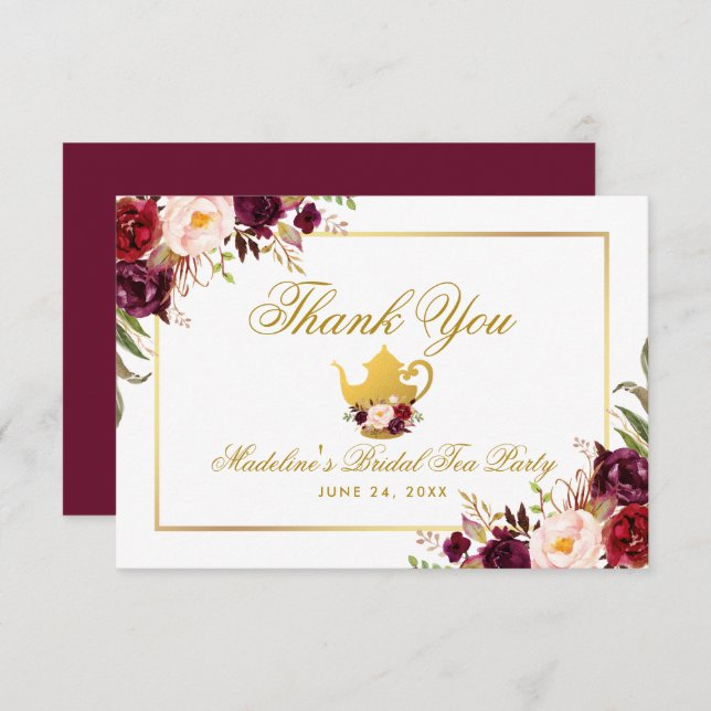 Burgundy Floral Bridal Shower Tea Party Thanks B Invitation (Front/Back)