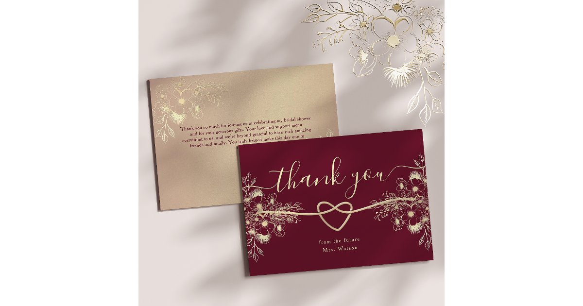 Burgundy Floral Bridal Shower Thank You Card | Zazzle