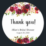 Burgundy Floral bridal shower thank you favor Classic Round Sticker<br><div class="desc">Burgundy floral bridal shower favor sticker coordinates with our "Traveling from Miss to Mrs" collection.</div>