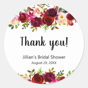 Burgundy Floral Bridal Shower Thank You Favor Classic Round Sticker by lemontreeweddings at Zazzle