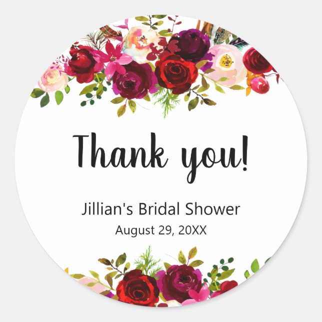 Burgundy Floral bridal shower thank you favor Classic Round Sticker (Front)