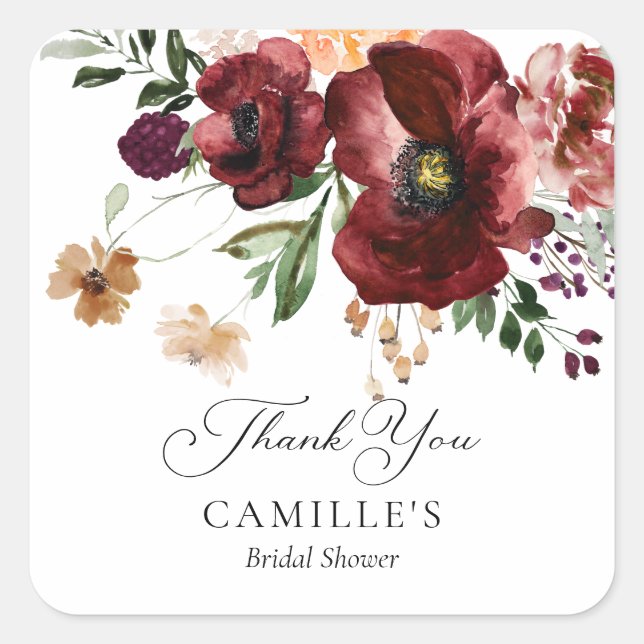 Burgundy Floral Bridal Shower Thank you Square Sticker (Front)