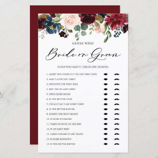 Burgundy Floral Bride or Groom Bridal Shower Game (Front/Back)