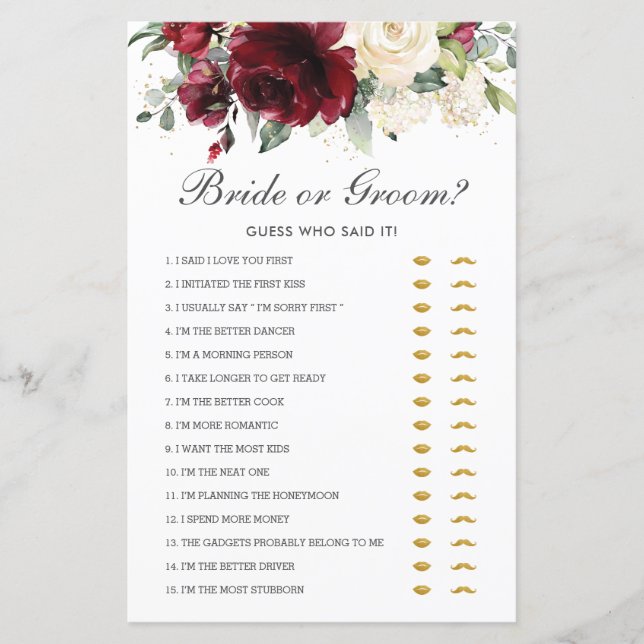 Burgundy Floral Bride or Groom Guess Who Said It (Front)