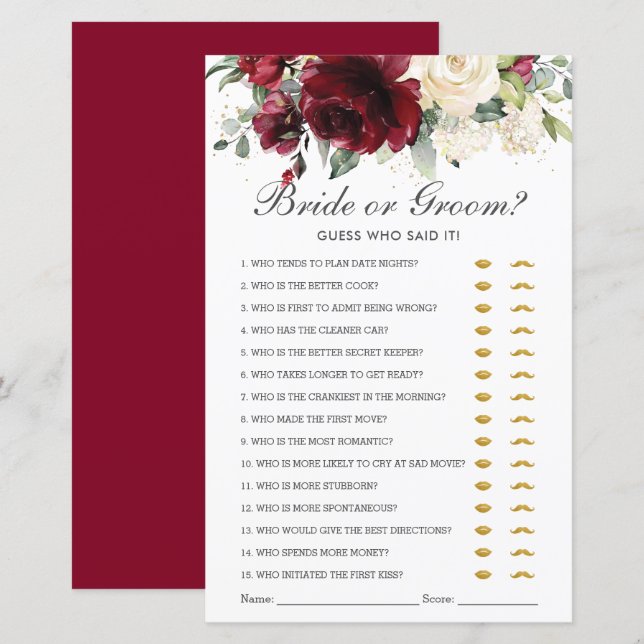 Burgundy Floral Bride or Groom Guess Who Said It (Front/Back)