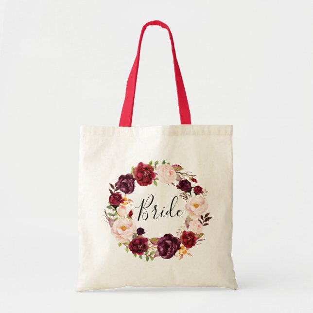 burgundy floral bride tote bag (Front)