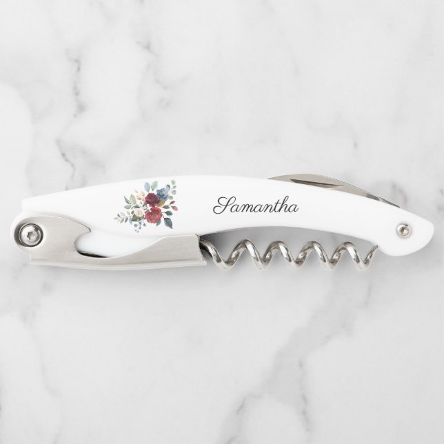 Burgundy Floral Bridesmaid Gift Wedding Favor Waiter's Corkscrew (Front)