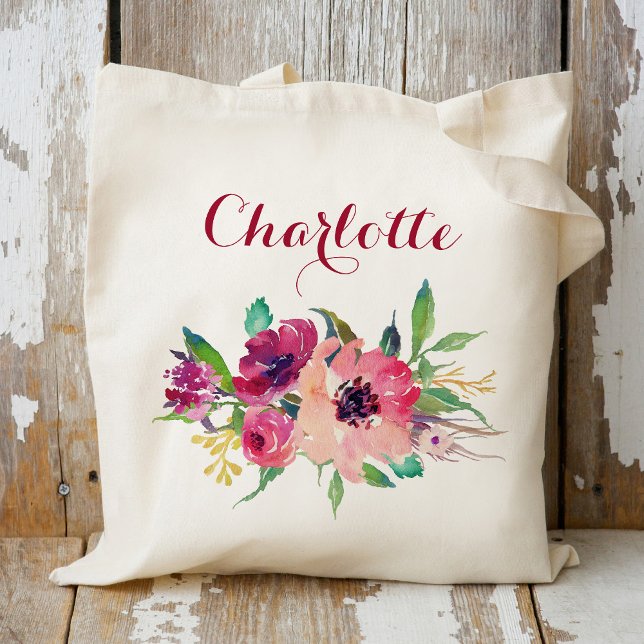 Burgundy Floral Bridesmaid Personalized Tote Bag (Creator Uploaded)