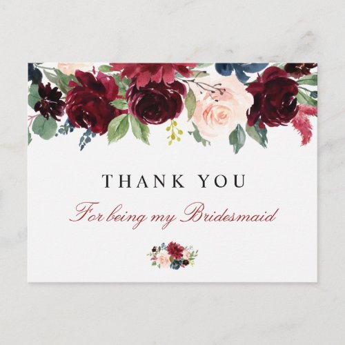 burgundy floral bridesmaid thank you card