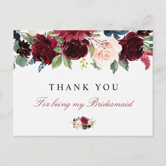 burgundy floral bridesmaid thank you card | Zazzle