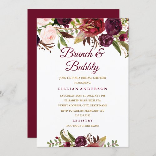 Burgundy Floral Brunch and Bubbly Bridal Shower Invitation