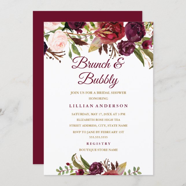 Burgundy Floral Brunch and Bubbly Bridal Shower Invitation (Front/Back)