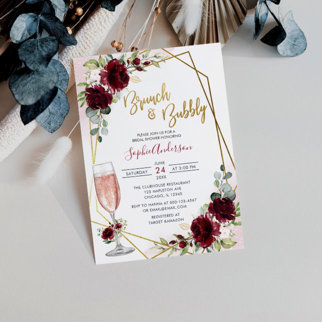 Burgundy Floral Brunch And Bubbly Bridal Shower Invitation