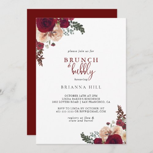 Burgundy Floral Brunch and Bubbly Bridal Shower  Invitation