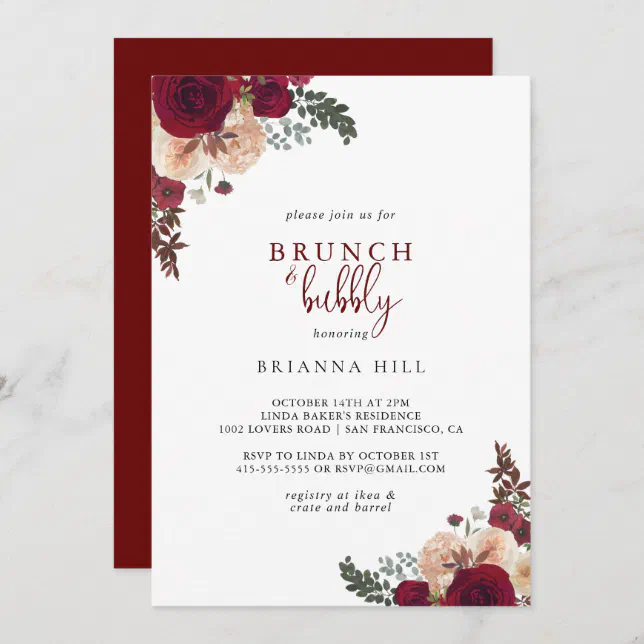 Burgundy Floral Brunch and Bubbly Bridal Shower Invitation | Zazzle