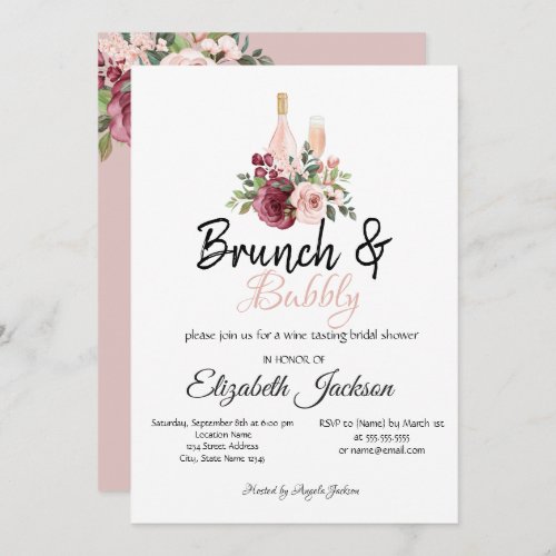 Burgundy Floral Brunch  Bubbly Bridal Shower  Invitation