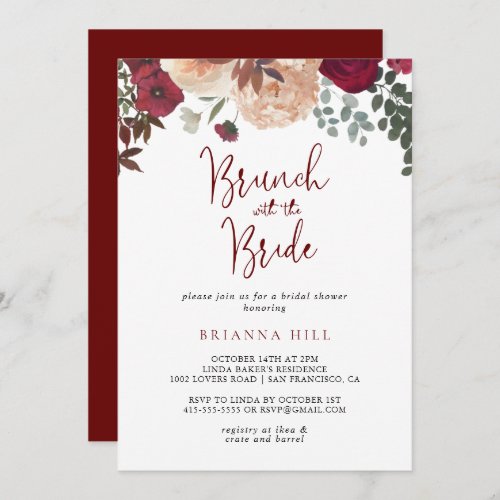 Burgundy Floral Brunch with the Bride Shower   Invitation