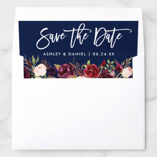 Burgundy Floral Brush Script Blue Save The Date Envelope Liner