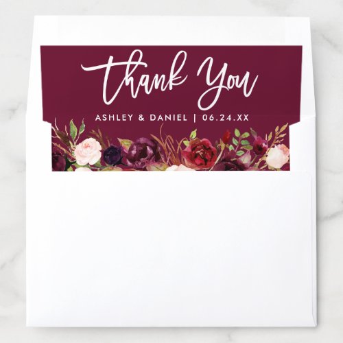 Burgundy Floral Brush Script Wedding Thank You Envelope Liner