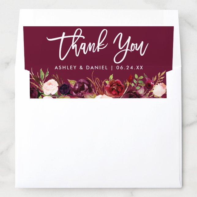 Burgundy Floral Brush Script Wedding Thank You Envelope Liner (In Envelope)