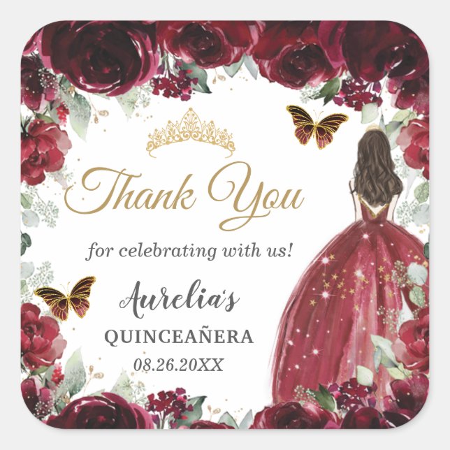 Burgundy Floral Butterflies Princess Gold Favor Square Sticker (Front)