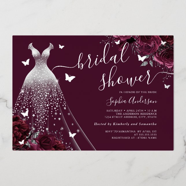 Burgundy Floral Butterfly Dress Bridal Shower  Foil Invitation (Front)