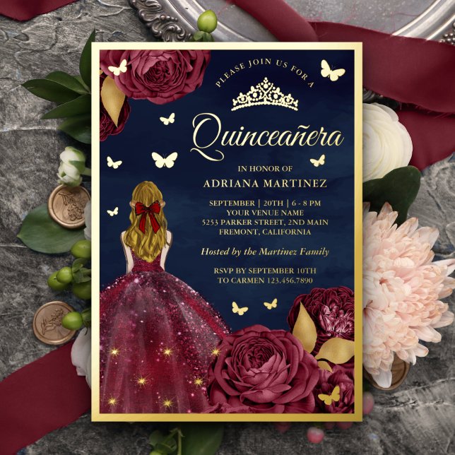 Burgundy Floral Butterfly Navy Quinceanera Gold Foil Invitation (Creator Uploaded)