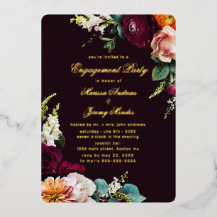 Burgundy Floral Calligraphy Engagement Party Gold Foil Invitation