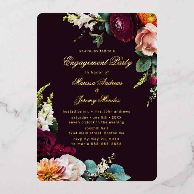Burgundy Floral Calligraphy Engagement Party Gold Foil Invitation (Front)