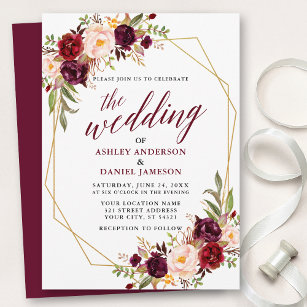 Burgundy Floral Calligraphy Geometric Wedding Invitation