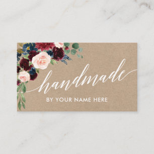 Burgundy Floral Calligraphy Hand Made Kraft Style Business Card