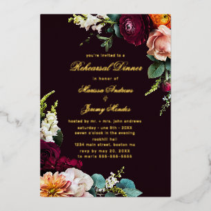 Burgundy Floral Calligraphy Rehearsal Dinner Gold Foil Invitation