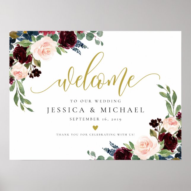 Burgundy Floral calligraphy Wedding Welcome Sign (Front)