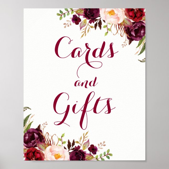 Burgundy Floral Cards And Gifts Wedding Poster (Front)