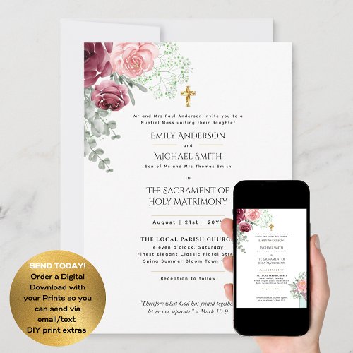 Burgundy Floral  Catholic Nuptial Mass Wedding Invitation