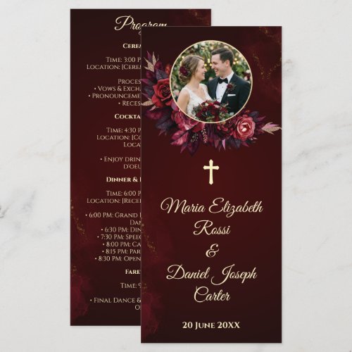 Burgundy Floral Catholic Wedding Program Card