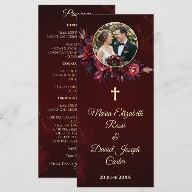 Burgundy Floral Catholic Wedding Program Card (Front/Back)