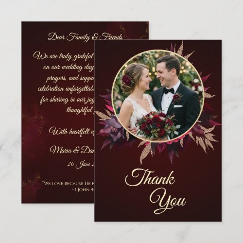 Burgundy Floral Catholic Wedding Thank You  Card