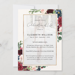 Burgundy Floral Celebration of Life Funeral Photo Invitation