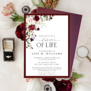 Burgundy Floral Celebration of Life Invitation