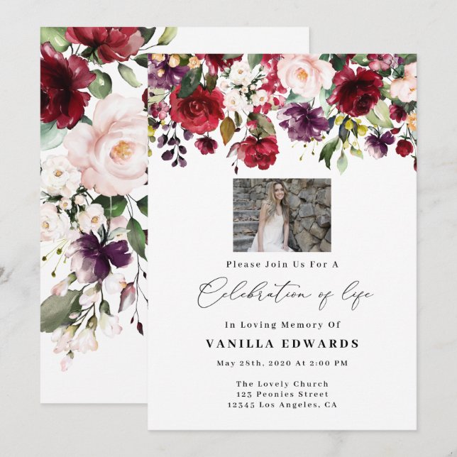 Burgundy Floral Celebration Of Life Invitations (Front/Back)
