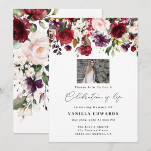Burgundy Floral Celebration Of Life Invitations
