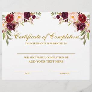 Burgundy Floral Certificate of Completion Gold