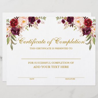 Burgundy Floral Certificate of Completion Gold | Zazzle