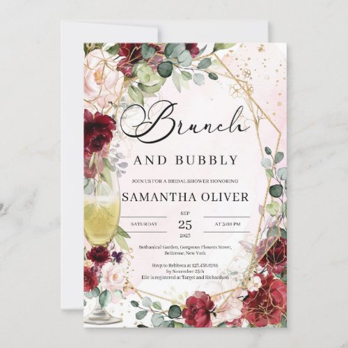 Burgundy floral champagne glass brunch and bubbly invitation